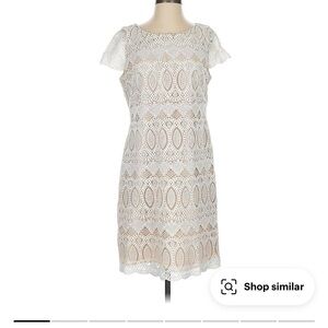 Eliza J White and Tan Lace Short Sleeve Scalloped Sheath Dress